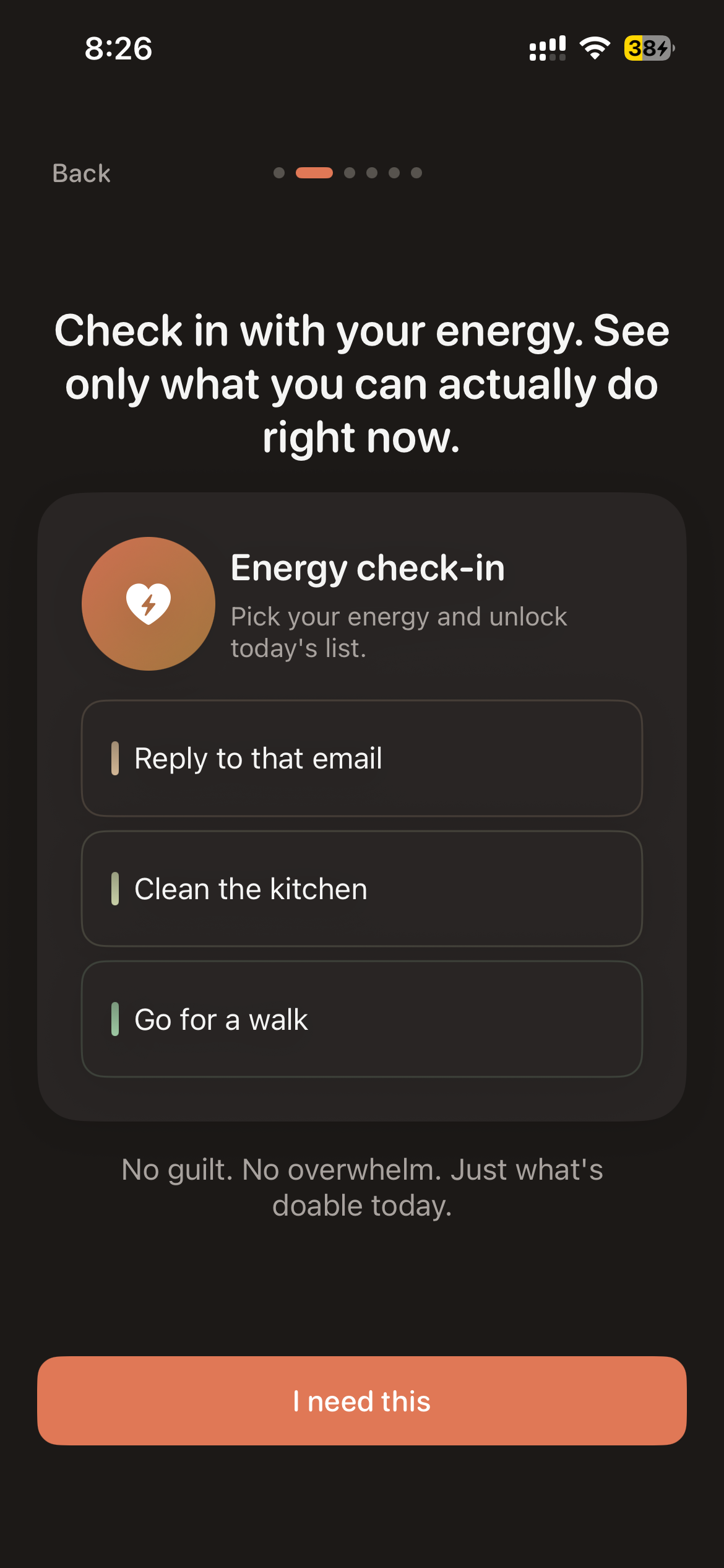 Lunar ADHD task app showing energy-filtered task list with 3 tasks