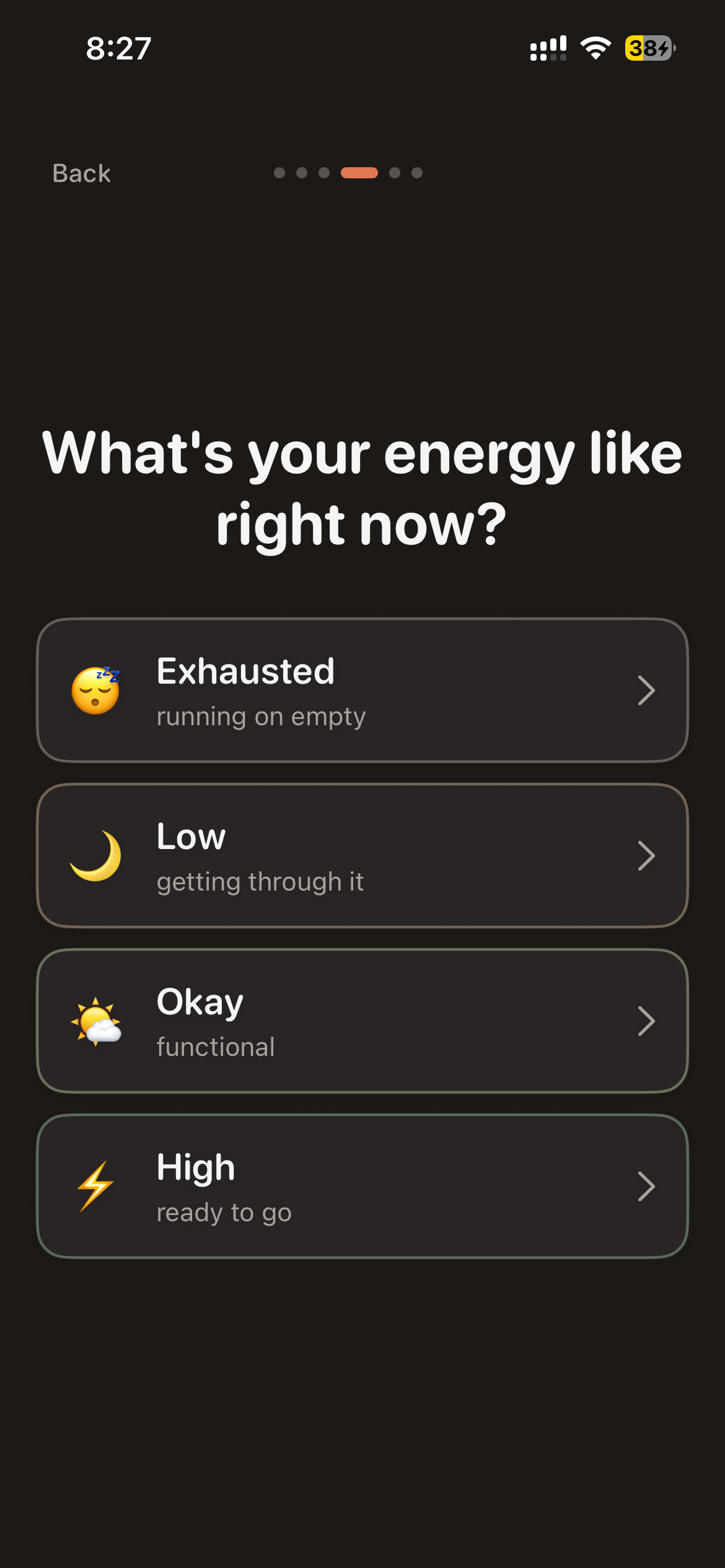 Lunar energy check-in screen showing four energy levels: exhausted, low, okay, and high