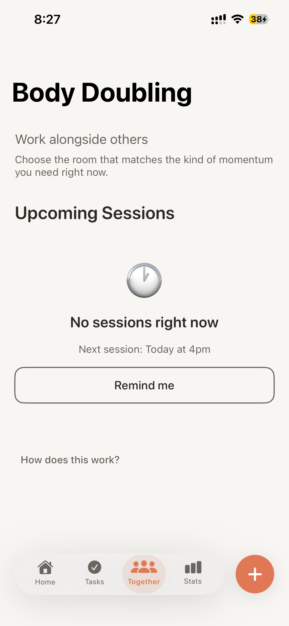 Lunar body doubling session interface showing co-working with other users